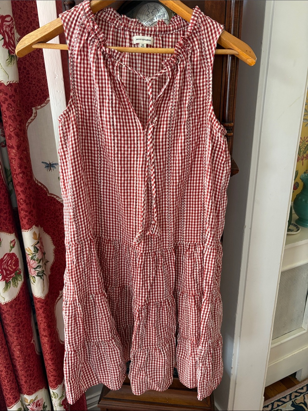 Max Studio Red Gingham Tiered Midi Dress with Tie Neckline
